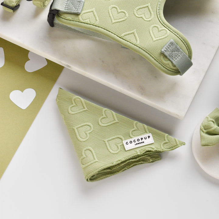 Close-up of sage green pet accessories from Cocopup London, featuring the Luxe Bandana - Sage Heart with a "COCOPUP London" label and a heart pattern, including a lightweight and breathable harness. Other items are partially visible against a backdrop of marble and green paper adorned with white heart cutouts.