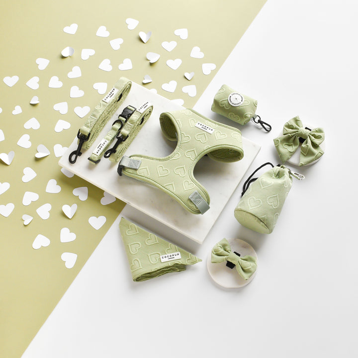 A collection of sage green pet accessories from the Cocopup London range, including a lightweight and breathable harness, Luxe Bandana - Sage Heart, leash, waste bag holder, bow tie, and scrunchies, all adorned with white heart patterns. Heart-shaped confetti is scattered on a green and white background.