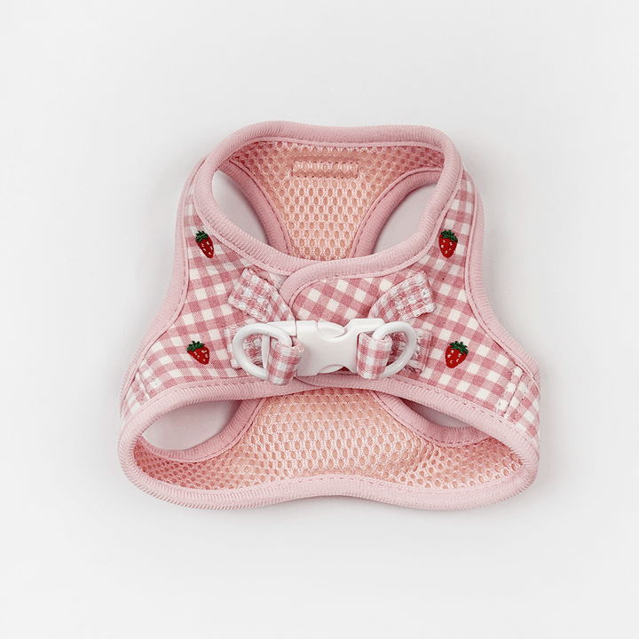 Pink plaid cat harness with strawberry print, mesh lining, step-in style, shown on a white background.