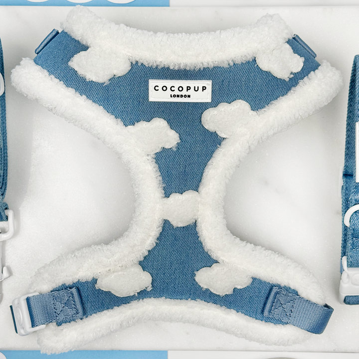 Blue denim dog harness with white fleece lining and 'Cocopup London' branding on a white background.