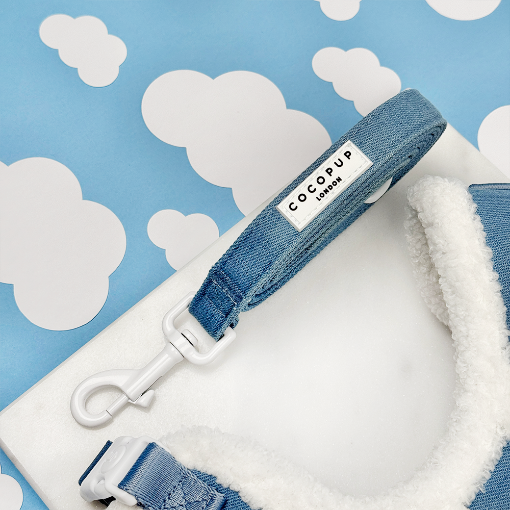 Blue denim dog lead with white clip on a blue background with cloud patterns