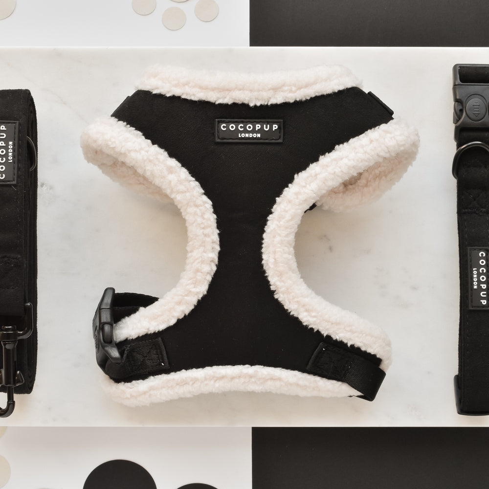 A Black Aviator Adjustable Neck Harness, Lead & Collar Bundle from Cocopup London is placed on a marble surface. The adjustable neck harness features a black and white fluffy design. To the left, the matching black leash is displayed, while to the right lies the black collar, both adorned with Cocopup London branding. The background showcases a stylish black and white polka dot theme.