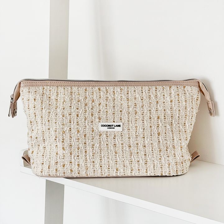 Vanilla Textured Tweed Expandable Makeup Bag - By Coconut Lane