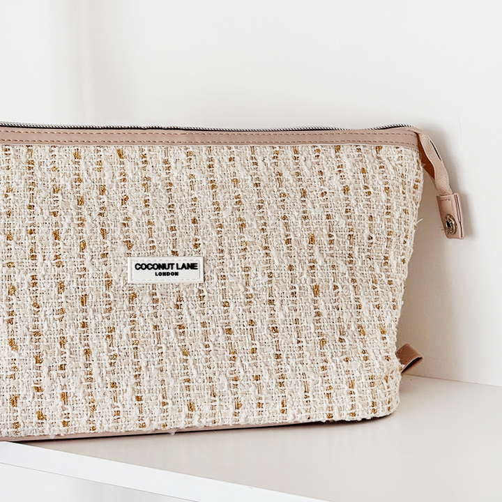 Vanilla Textured Tweed Expandable Makeup Bag - By Coconut Lane