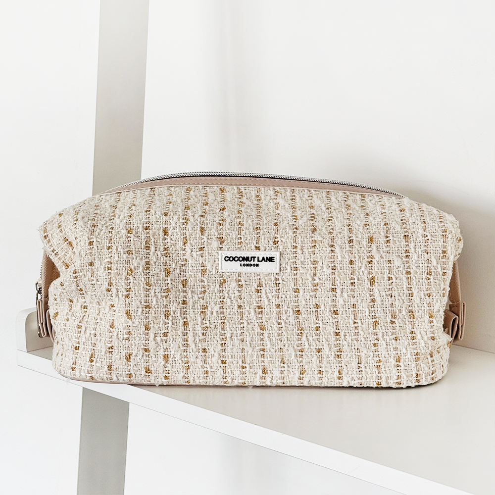 Vanilla Textured Tweed Expandable Makeup Bag - By Coconut Lane