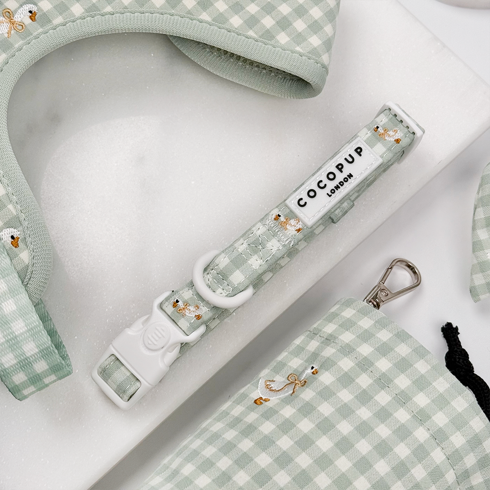 Green and white check print dog collar with embroidered geese design.