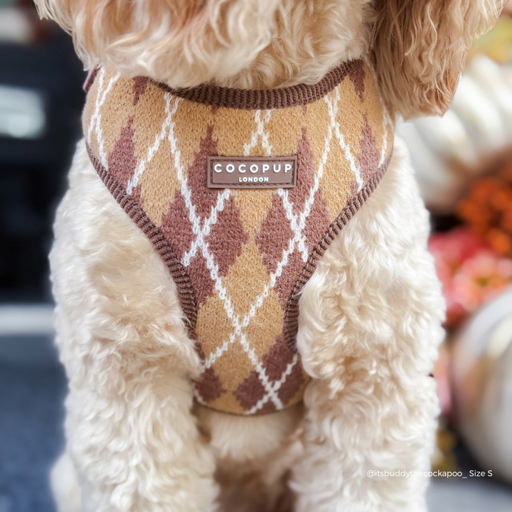 White fluffy dog wearing Knit dog harness with a brown, tan, and white argyle pattern.